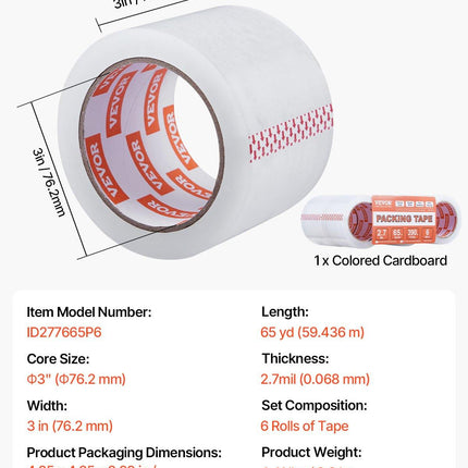Clear Packing Tape 6 Rolls 65 Yards Heavy Duty Clear Packing Tapes 2.7 Mil.