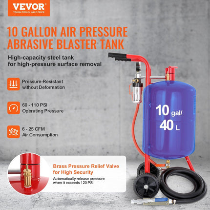 10Gal/40L Sandblaster Equipped w/Nozzle Shut-Off Valve Pressure Gauge Ceramic Nozzle Rubber Wheels Grit Power Sand Blasters Portable Sandblasting Equipment.