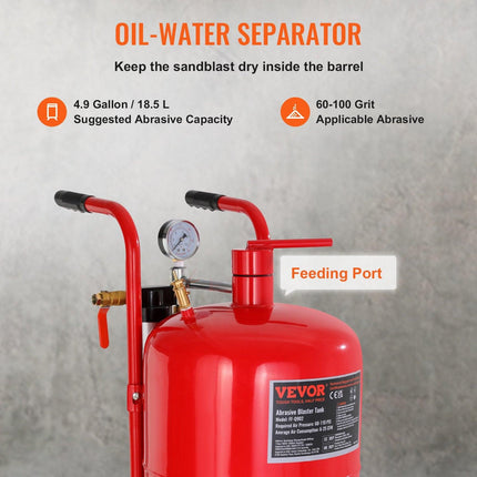 10Gal/40L Sandblaster Equipped w/Nozzle Shut-Off Valve Pressure Gauge Ceramic Nozzle Rubber Wheels Grit Power Sand Blasters Portable Sandblasting Equipment.