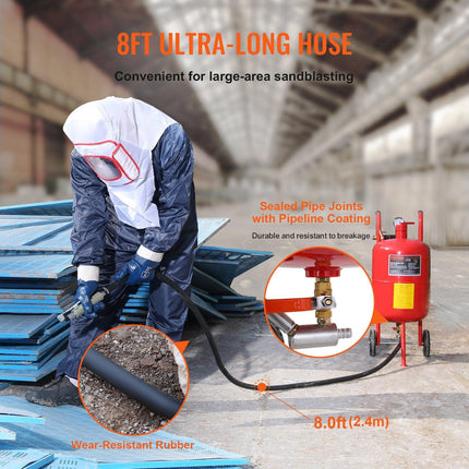10Gal/40L Sandblaster Equipped w/Nozzle Shut-Off Valve Pressure Gauge Ceramic Nozzle Rubber Wheels Grit Power Sand Blasters Portable Sandblasting Equipment.