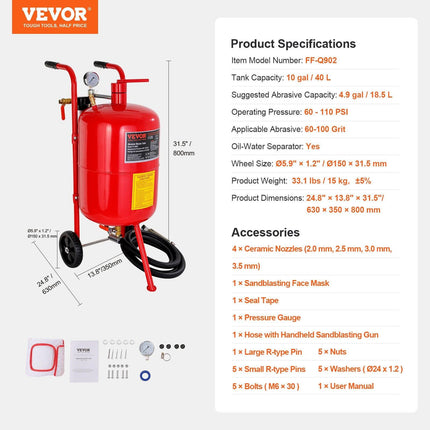 10Gal/40L Sandblaster Equipped w/Nozzle Shut-Off Valve Pressure Gauge Ceramic Nozzle Rubber Wheels Grit Power Sand Blasters Portable Sandblasting Equipment.