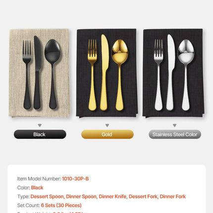 30-Piece Black Silverware Set, Food-Grade Stainless Steel Flatware Utensils for 6, Mirror Finished Cutlery Set, Dishwasher Safe Eating Tableware for Kitchen Home, Include Knife Fork Spoon.
