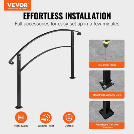 4-Step Handrail Fits 1 or 4 Steps Matte Black Stair Rail Wrought Iron Handrail with Installation Kit Hand Rails for Outdoor Steps.