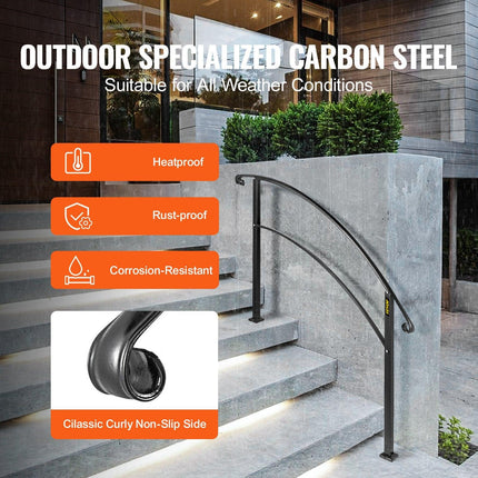 4-Step Handrail Fits 1 or 4 Steps Matte Black Stair Rail Wrought Iron Handrail with Installation Kit Hand Rails for Outdoor Steps.