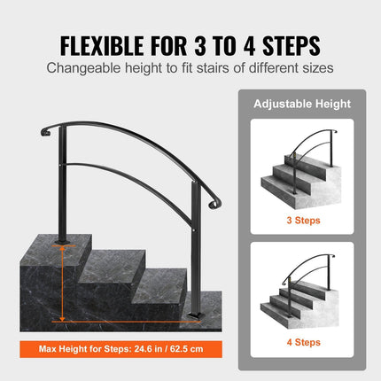 4-Step Handrail Fits 1 or 4 Steps Matte Black Stair Rail Wrought Iron Handrail with Installation Kit Hand Rails for Outdoor Steps.