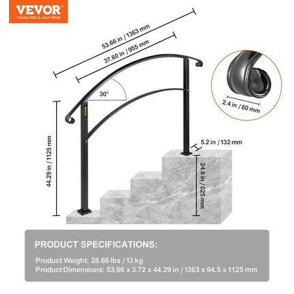 4-Step Handrail Fits 1 or 4 Steps Matte Black Stair Rail Wrought Iron Handrail with Installation Kit Hand Rails for Outdoor Steps.