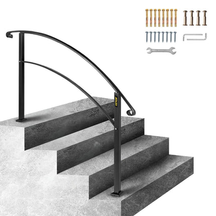 4-Step Handrail Fits 1 or 4 Steps Matte Black Stair Rail Wrought Iron Handrail with Installation Kit Hand Rails for Outdoor Steps.