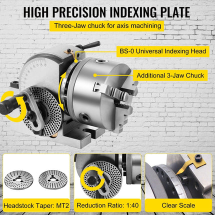 BS-0 Dividing Head 5 Inch, Precision Dividing Head Set with 5" 3-jaw Chuck & Tailstock Dividing Plates for Milling Machine.