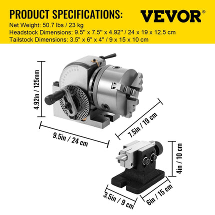 BS-0 Dividing Head 5 Inch, Precision Dividing Head Set with 5" 3-jaw Chuck & Tailstock Dividing Plates for Milling Machine.
