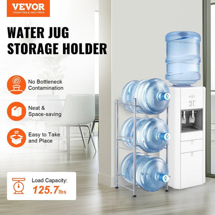 3 Tiers Water Jug Holder, 5 Gallon Water Bottle Holder, Single Row Water Bottle Rack for 3 Bottles, Heavy Duty Water Jug Rack for Kitchen, Office, Living Room, Silver.