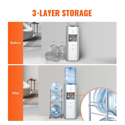 3 Tiers Water Jug Holder, 5 Gallon Water Bottle Holder, Single Row Water Bottle Rack for 3 Bottles, Heavy Duty Water Jug Rack for Kitchen, Office, Living Room, Silver.