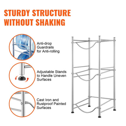 3 Tiers Water Jug Holder, 5 Gallon Water Bottle Holder, Single Row Water Bottle Rack for 3 Bottles, Heavy Duty Water Jug Rack for Kitchen, Office, Living Room, Silver.