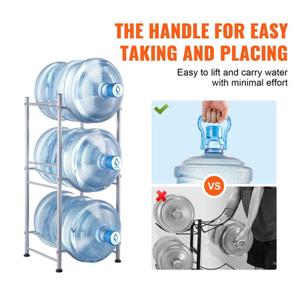 3 Tiers Water Jug Holder, 5 Gallon Water Bottle Holder, Single Row Water Bottle Rack for 3 Bottles, Heavy Duty Water Jug Rack for Kitchen, Office, Living Room, Silver.