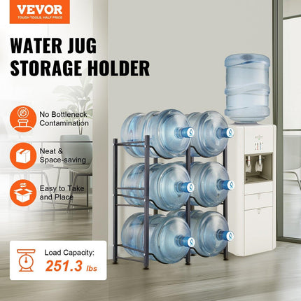 3 Tiers Water Jug Holder, 5 Gallon Water Bottle Holder, Double Row Water Bottle Rack for 6 Bottles, Heavy Duty Water Jug Rack for Kitchen, Office, Living Room, Black.