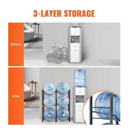 3 Tiers Water Jug Holder, 5 Gallon Water Bottle Holder, Double Row Water Bottle Rack for 6 Bottles, Heavy Duty Water Jug Rack for Kitchen, Office, Living Room, Black.