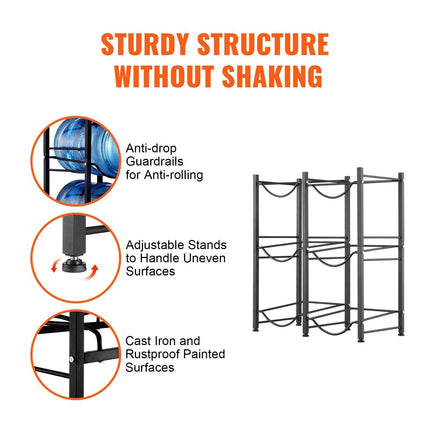3 Tiers Water Jug Holder, 5 Gallon Water Bottle Holder, Double Row Water Bottle Rack for 6 Bottles, Heavy Duty Water Jug Rack for Kitchen, Office, Living Room, Black.