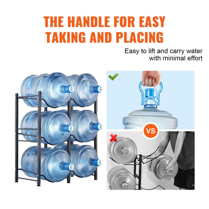 3 Tiers Water Jug Holder, 5 Gallon Water Bottle Holder, Double Row Water Bottle Rack for 6 Bottles, Heavy Duty Water Jug Rack for Kitchen, Office, Living Room, Black.