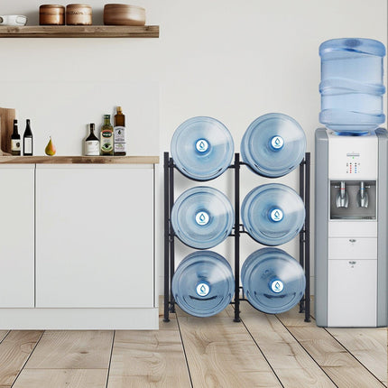 3 Tiers Water Jug Holder, 5 Gallon Water Bottle Holder, Double Row Water Bottle Rack for 6 Bottles, Heavy Duty Water Jug Rack for Kitchen, Office, Living Room, Black.