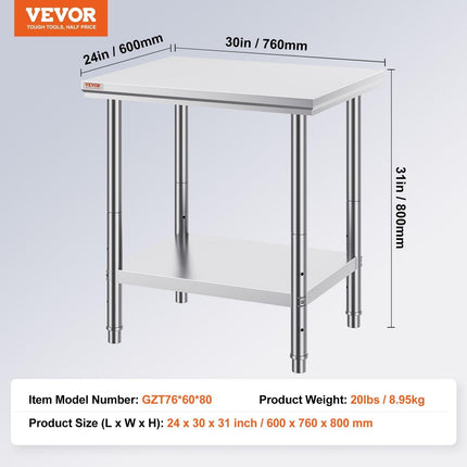 Commercial Worktable & Workstation 24 x 30 x 32 Inch Stainless Steel Work Table Heavy Duty Commercial Food Prep Work Table for Home, Kitchen, Restaurant Metal Prep Table with Adjustable Feet.