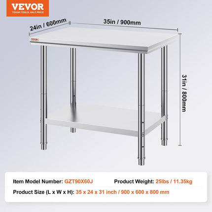 910x610mm Stainless Steel Kitchen Bench Commercial Work Food Prep Table.