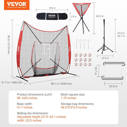 7x7 ft Baseball Softball Practice Net, Portable Baseball Training Net for Hitting Catching Pitching, Backstop Equipment with Bow Frame, Carry Bag, Strike Zone, 12 Balls, Tee, and Ball Collector.