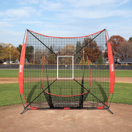 7x7 ft Baseball Softball Practice Net, Portable Baseball Training Net for Hitting Catching Pitching, Backstop Equipment with Bow Frame, Carry Bag, Strike Zone, 12 Balls, Tee, and Ball Collector.