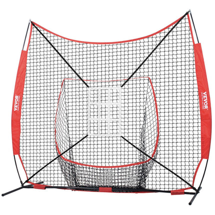 7x7 ft Baseball Softball Practice Net, Portable Baseball Training Net for Hitting Catching Pitching, Backstop Equipment with Bow Frame, Carry Bag, Strike Zone, 12 Balls, Tee, and Ball Collector.
