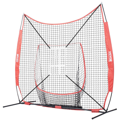 7x7 ft Baseball Softball Practice Net, Portable Baseball Training Net for Hitting Catching Pitching, Backstop Equipment with Bow Frame, Carry Bag, Strike Zone, 12 Balls, Tee, and Ball Collector.