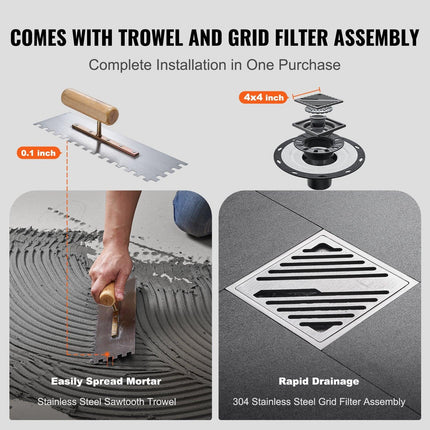 Shower Curb Kit, 1828x1828mm, 72"x72" Shower Pan Kit with 50.8mm ABS Central Flange, 101.6mm Stainless Steel Grate, Waterproof Shower Curb & Membrane & Strip, Shower Pan Slope Sticks Fit for Bathroom.