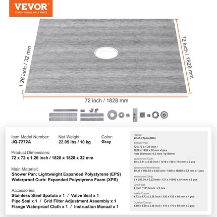 Shower Curb Kit, 1828x1828mm, 72"x72" Shower Pan Kit with 50.8mm ABS Central Flange, 101.6mm Stainless Steel Grate, Waterproof Shower Curb & Membrane & Strip, Shower Pan Slope Sticks Fit for Bathroom.