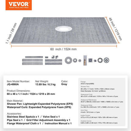 Shower Curb Kit, 1219x1524mm, 60"x48" Shower Pan Kit with 50.8mm ABS Central Flange, Waterproof Membrane, Stainless Steel Grate and Joint Sealant, Shower Pan Slope Sticks Fit for Bathroom.