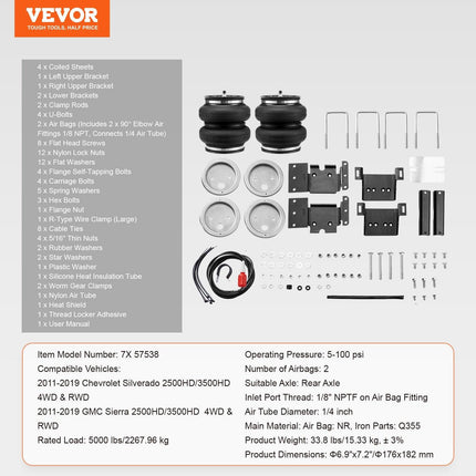 Air Bag Suspension Kit, Air Springs Suspension Bag Kit Compatible with 2011-2019 Chevrolet Silverado 2500/3500HD and GMC Sierra 2500/3500HD 4WD RWD, 5000 lbs Loading, 5 to 100 PSI.