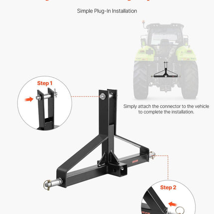 3 Point Trailer Hitch with 2 in Receiver, 3pt Quick Hitch Attachment for Category 1 Tractor, 3000lbs Capacity, Tow Drawbar Adapter, Compatible with Kubota, Mahindra, Ford, Yanmar, John Deere.