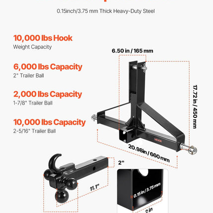 3 Point Trailer Hitch with 2 in Receiver, 3pt Quick Hitch Attachment, Heavy Duty Tractor Tow Drawbar Adapter, Compatible with Kubota, Mahindra, Ford, Yanmar, John Deere, Massey Ferguson.