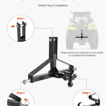 3 Point Trailer Hitch with 2 in Receiver, 3pt Quick Hitch Attachment, Heavy Duty Tractor Tow Drawbar Adapter, Compatible with Kubota, Mahindra, Ford, Yanmar, John Deere, Massey Ferguson.