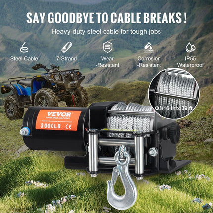 Electric Winch, 1361 kg Line Pull Capacity, 12V DC ATV/UTV Winch with Φ0.5 x 1188.7 cm 7 Strands Steel Cable Roller Fairlead Wired Remote Control, IP55 Waterproof for Towing UTV ATV Off-Road.