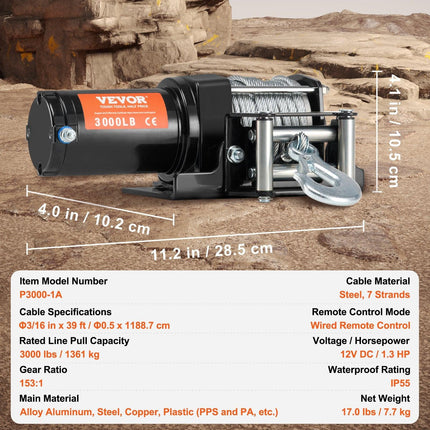 Electric Winch, 1361 kg Line Pull Capacity, 12V DC ATV/UTV Winch with Φ0.5 x 1188.7 cm 7 Strands Steel Cable Roller Fairlead Wired Remote Control, IP55 Waterproof for Towing UTV ATV Off-Road.