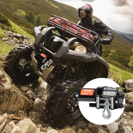 Electric Winch, 1361 kg Line Pull Capacity, 12V DC ATV/UTV Winch with Φ0.5 x 1188.7 cm 7 Strands Steel Cable Roller Fairlead Wired Remote Control, IP55 Waterproof for Towing UTV ATV Off-Road.