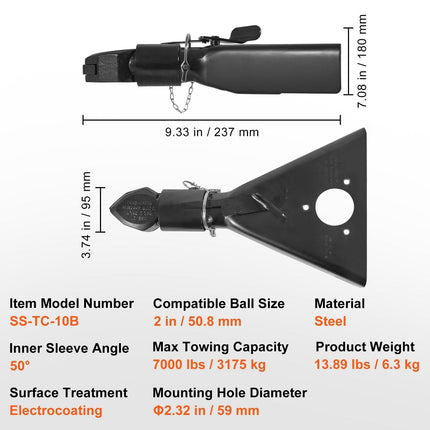 A-Frame Trailer Coupler, Fits 2-Inch Hitch Ball Size, 7000 lbs Towing Capacity, Heavy Duty Steel Coupler, Ideal for Towing Station Wagons, Pickup Trucks, SUVs, Campers, Black Coating Surface.
