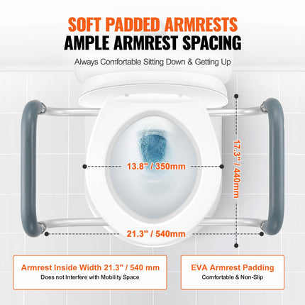 Raised Toilet Seat,88.9 mm Height Raised, 136 kg Weight Capacity, for Standard Round Toilet, Aluminum Handrail, with EVA Armrest Padding, for Elderly, Handicap, Patient, Pregnant, Medical.