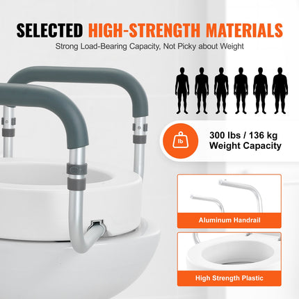 Raised Toilet Seat,88.9 mm Height Raised, 136 kg Weight Capacity, for Standard Round Toilet, Aluminum Handrail, with EVA Armrest Padding, for Elderly, Handicap, Patient, Pregnant, Medical.