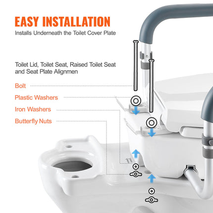 Raised Toilet Seat,88.9 mm Height Raised, 136 kg Weight Capacity, for Standard Round Toilet, Aluminum Handrail, with EVA Armrest Padding, for Elderly, Handicap, Patient, Pregnant, Medical.