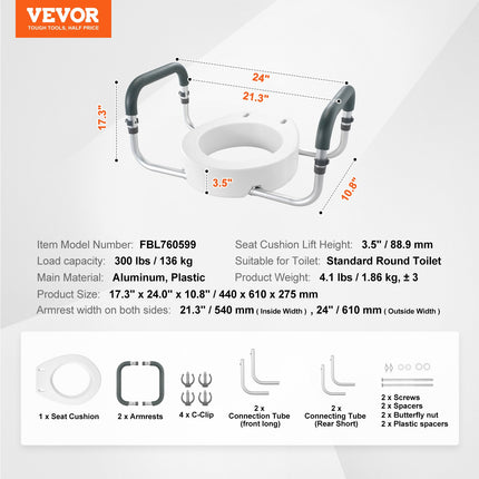 Raised Toilet Seat,88.9 mm Height Raised, 136 kg Weight Capacity, for Standard Round Toilet, Aluminum Handrail, with EVA Armrest Padding, for Elderly, Handicap, Patient, Pregnant, Medical.