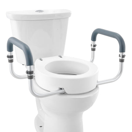 Raised Toilet Seat,88.9 mm Height Raised, 136 kg Weight Capacity, for Standard Round Toilet, Aluminum Handrail, with EVA Armrest Padding, for Elderly, Handicap, Patient, Pregnant, Medical.
