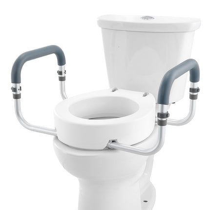 Raised Toilet Seat,88.9 mm Height Raised, 136 kg Weight Capacity, for Standard Round Toilet, Aluminum Handrail, with EVA Armrest Padding, for Elderly, Handicap, Patient, Pregnant, Medical.