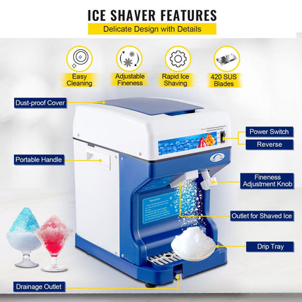 VEVOR Ice Shaver 265LBS/Hour Snow Cone Frozen Ice Shaving Slushie Dessert Maker Stainless Steel Food Grade for Kitchen Home Bars.