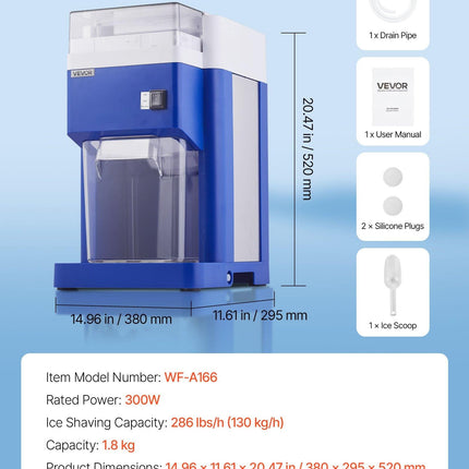 Commercial Ice Shaver Machine, 1.91QT /1.8L Large Electric Snow Cone Machine, Fine & Fluffy with 300W Motor, Stainless Steel Blades, Shaved Ice Maker for Dessert Shop Home Party Restaurant, Blue.