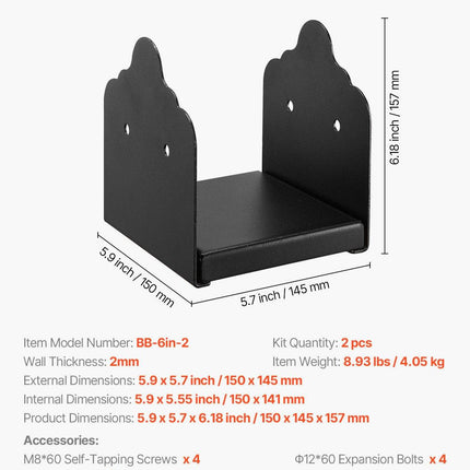 6x6 Post Base 2 Pcs, Inner Size 5.9x5.55 inch / 150x141 mm Post Brackets, Heavy Duty Carbon Steel Decking Posts, Wood Posts Brackets for Pavilion Deck Railing Support Deck Base Plate, Black.