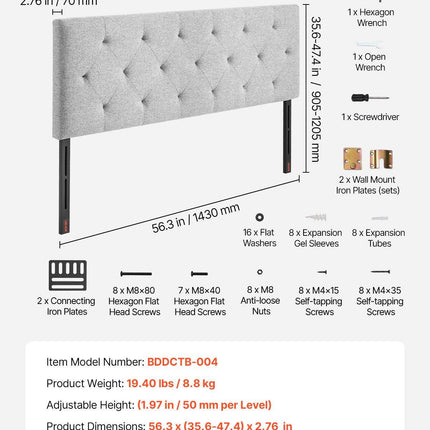 Headboard, Full Size Headboard with Adjustable Height, Comfortable Diamond Tufted for Full Size Bed, W 56.3 x H（35.6-47.4）inches, Ideal for Bedroom, Hotel, Homestay, Dormitory, Light Grey.