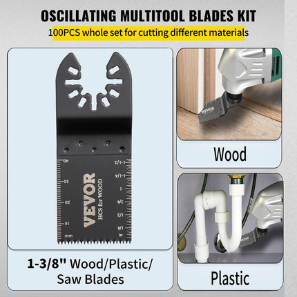 100PCS Oscillating Saw Blades, Quick Release Multitool Blades Kit, HCS Tool Blades for Wood Plastic, Compatible with Dewalt Dremel Fein Worx Bosch Makita Milwaukee.